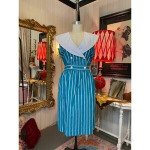 Vintage 1980s teal striped dress sailor collar cotton 80s style large retro 38